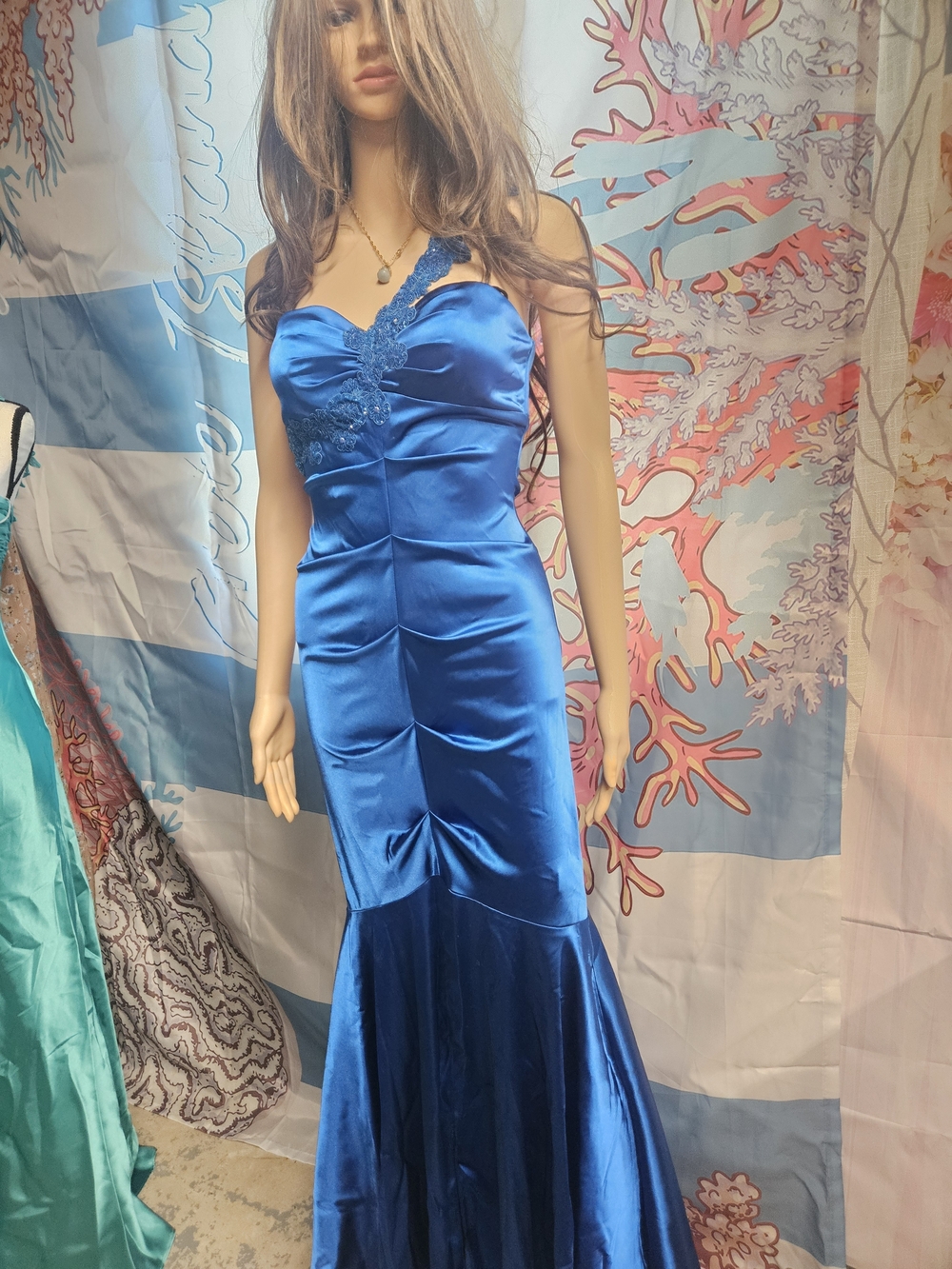 One-Shoulder Royal Blue Satin Mermaid Dress with Lace Trim